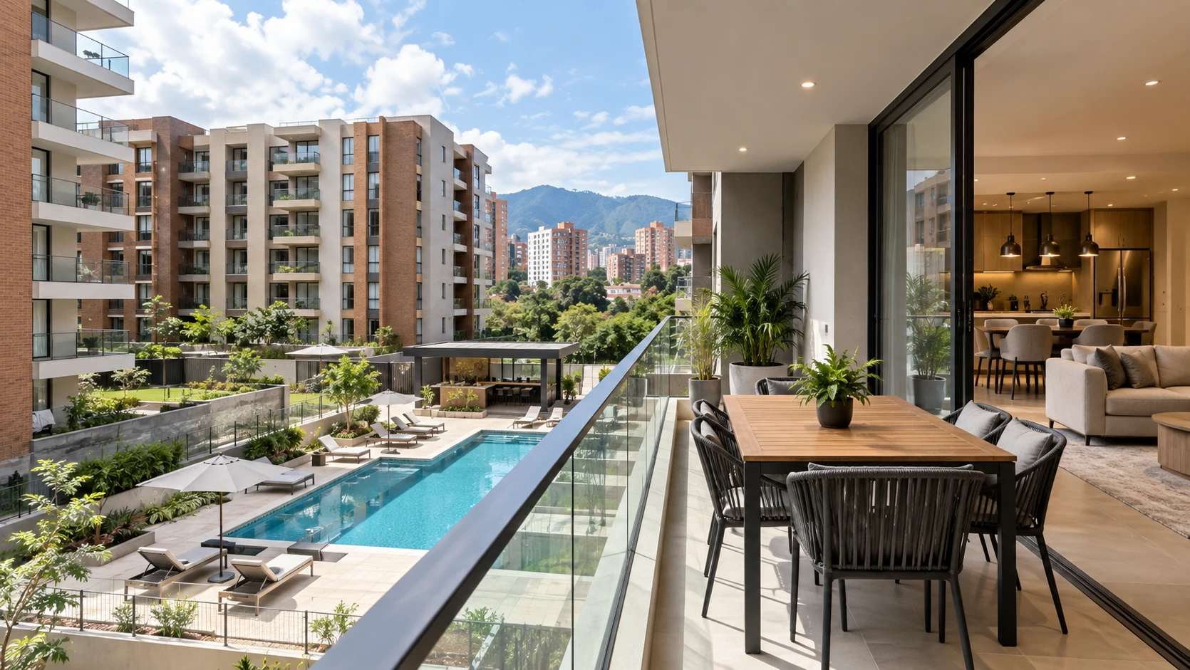 Balcón de apartamento con vista a la piscina y zonas verdes